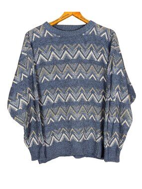 Vintage 90s Coastal Grandpa Sweater Muted Blue Fisherman Knit Pullover Retro